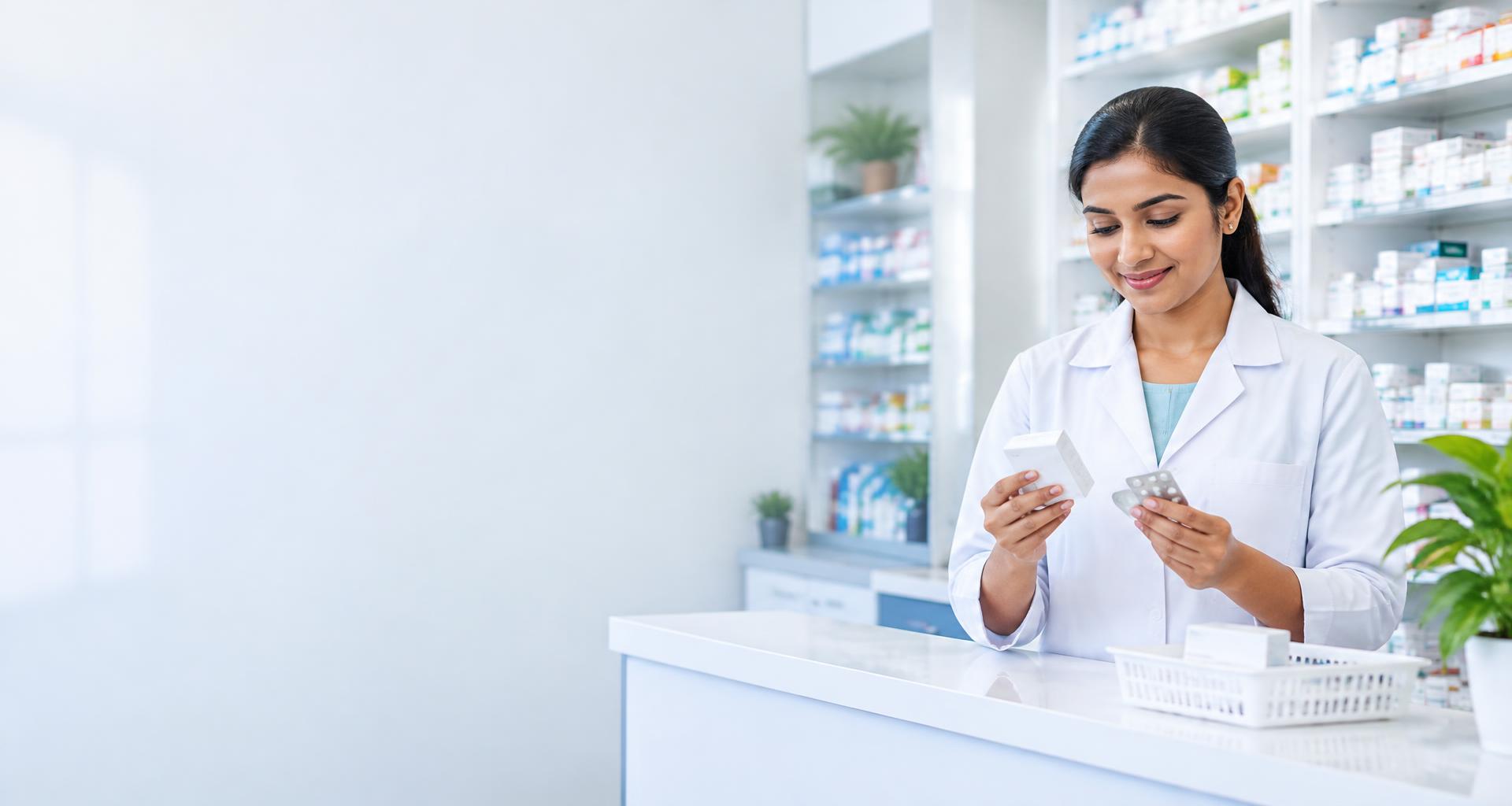 Pharmacist organising medicine at a neighbourhood pharmacy